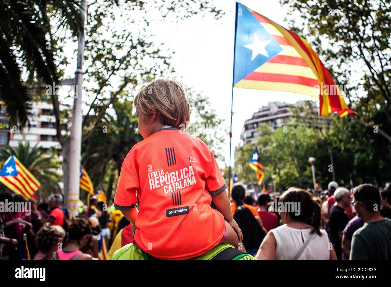 Thousands of people attend a march called for by Catalan pro-independence group Asamblea Nacional Catalana (ANC) on occasion of the National Day of Catalonia (Diada) celebrations in downtown Barcelona, northeastern Spain, September 11, 2018. Photo by Antonio Cascio/ABACAPRESS.COM Stock Photo