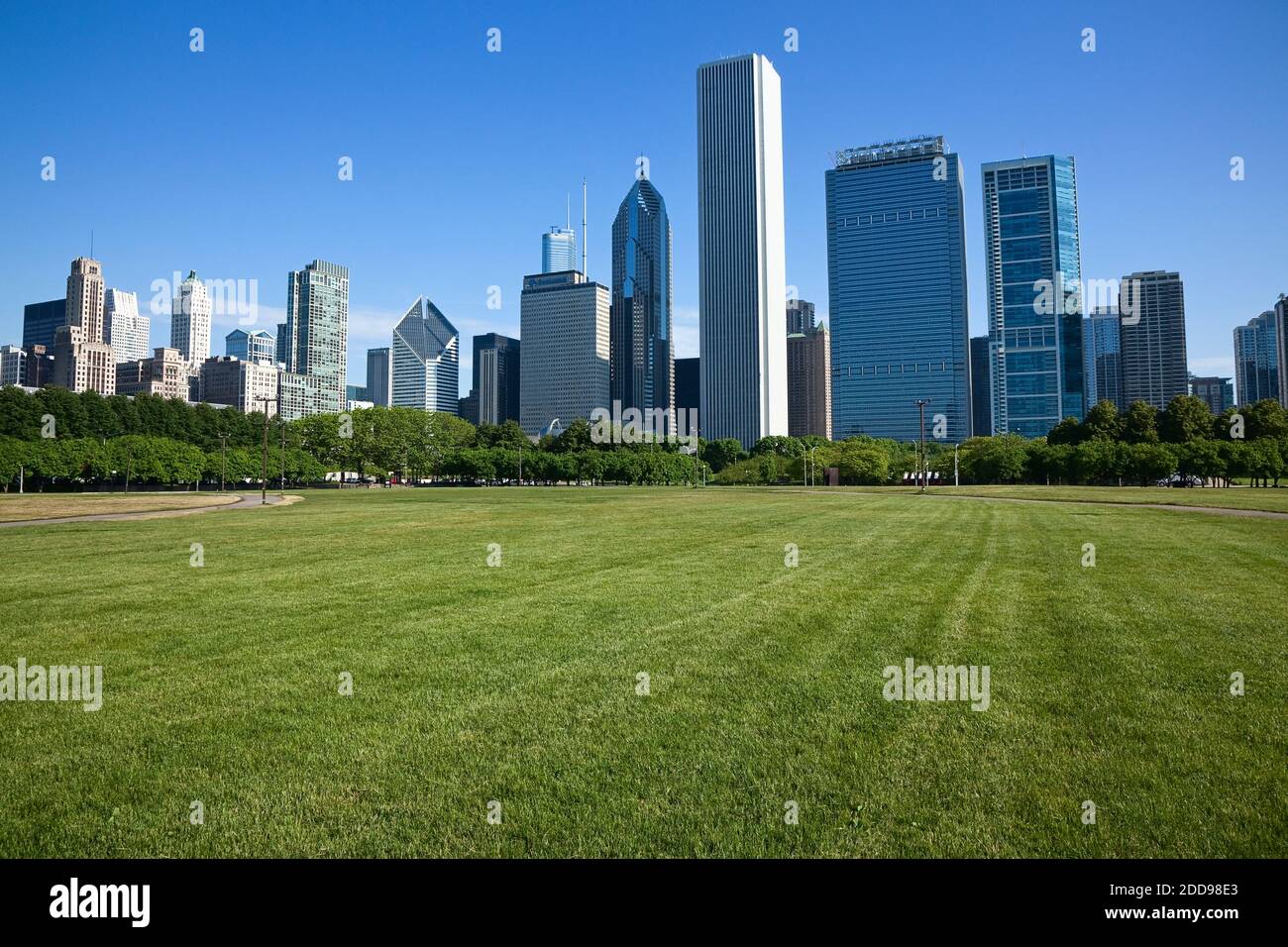 City Skyline from Butler Field in Grant Park, Chicago, Illinois, USA