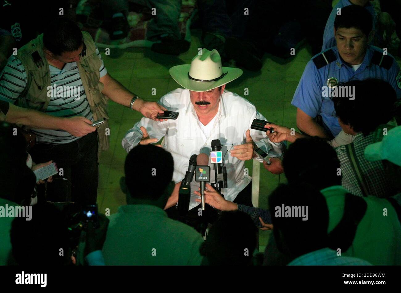 NO FILM, NO VIDEO, NO TV, NO DOCUMENTARY - Ousted President Manuel Zelaya talks to reporters during a visit to his supporters at El Polideportivo sports center in the town of Ocotal in Nicaragua, on July 27, 2009. Photo by Pedro Portal/El Nuevo Herald/MCT/ABACAPRESS.COM Stock Photo