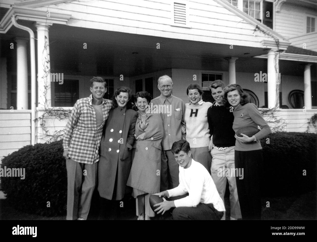 NO FILM, NO VIDEO, NO TV, NO DOCUMENTARY - The Kennedy Family in Hyannis Port, 1948. (L-R) John F. Kennedy, Jean Kennedy, Rose Kennedy, Joseph P. Kennedy Sr., Patricia Kennedy, Robert F. Kennedy, Eunice Kennedy, and in foreground, Edward M. Kennedy. Photo by John F. Kennedy Presidential Library and Museum/MCT/ABACAPRESS.COM Stock Photo