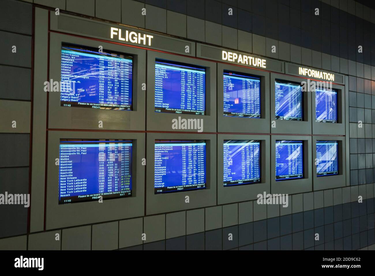 Flight Information Screens, O'Hare International Airport, Chicago, Illinois, USA Stock Photo
