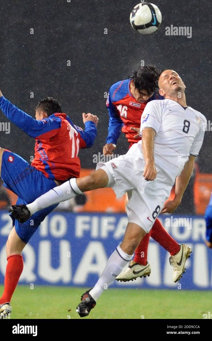 NO FILM, NO VIDEO, NO TV, NO DOCUMENTARY - USA forward Conor Casey (8) battles for a header with Costa Rica defenders Pablo Herrera, left, and Cristian Montero (16) during first-half action in a World Cup qualifier Soccer Match, USA vs Costa Rica at RFK Stadium in Washington, DC, USA on October 14, 2009. The match ended in a 2-2 draw.Photo by Chuck Myers/MCT/ABACAPRESS.COM Stock Photo