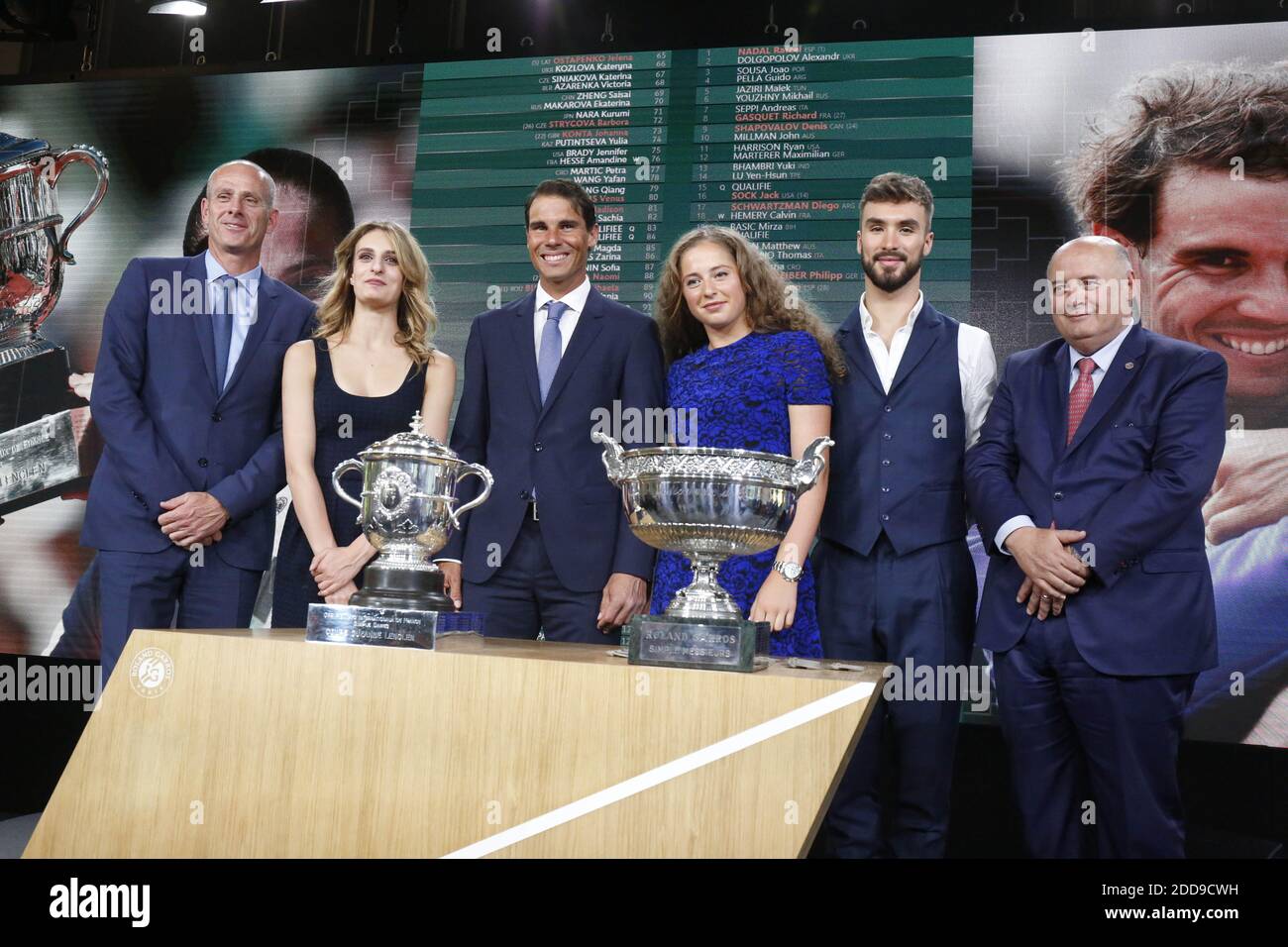 Guy Forget,Gabriella Papadakis, Rafael Nadal, Jelena Ostapenko, Guillaume  Cizeron and Bernard Guidicelli during the draw of the 2018 French Tennis  Open in Roland-Garros stadium's Orangerie, Paris, France, on May 24th, 2018.  Photo