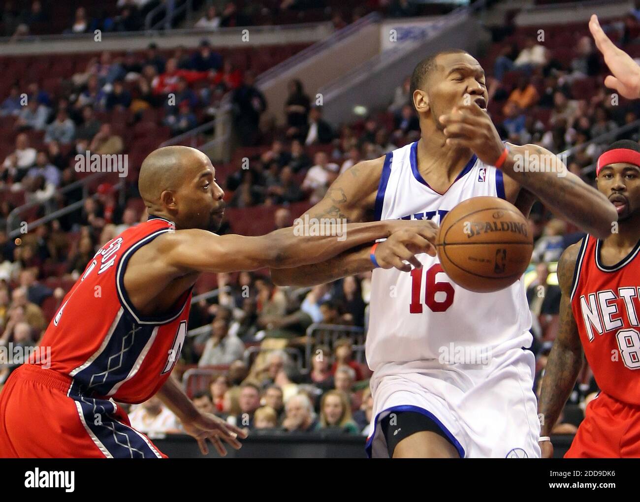 NO FILM, NO VIDEO, NO TV, NO DOCUMENTARY - The Philadelphia 76ers' Marreese Speights (16) has the ball knocked away by the New Jersey Nets' Rafer Alston during the third quarter at the Wachovia Center in Philadelphia, PA, USA on November 6, 2009. The Sixers defeated the Nets, 97-94. Photo by Steven M. Falk/Philadelphia Daily News/MCT/Cameleon/ABACAPRESS.COM Stock Photo