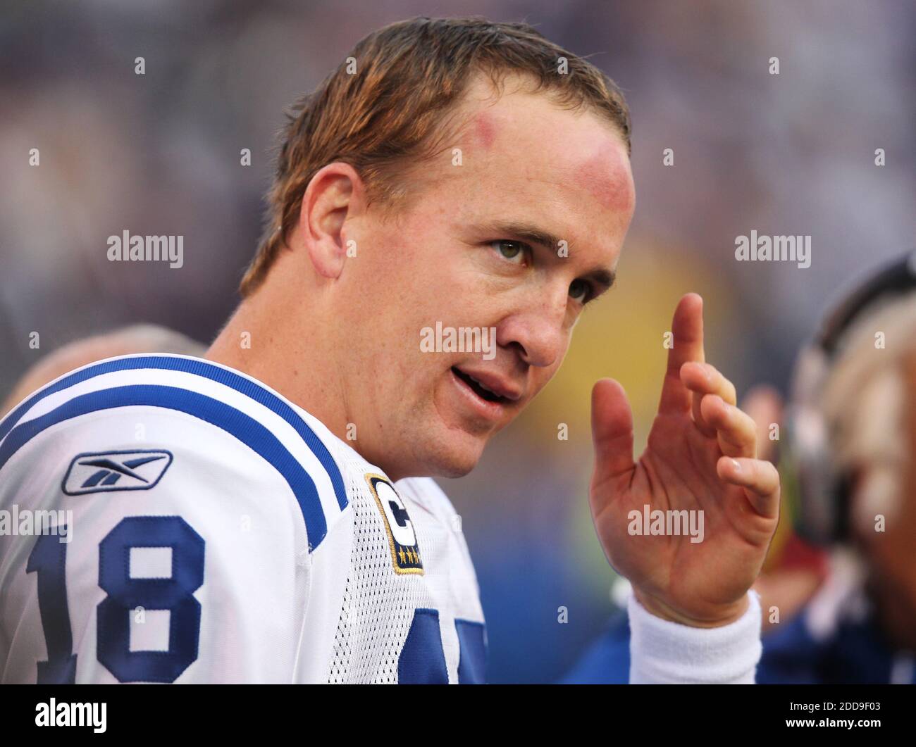 NO FILM, NO VIDEO, NO TV, NO DOCUMENTARY - Peyton Manning of the Indianapolis Colts (18) stands on the sidelines against the Baltimore Ravens in the second half of their game in Baltimore, MD, USA on November 22, 2009. Photo by George Bridges/MCT/Cameleon/ABACAPRESS.COM Stock Photo