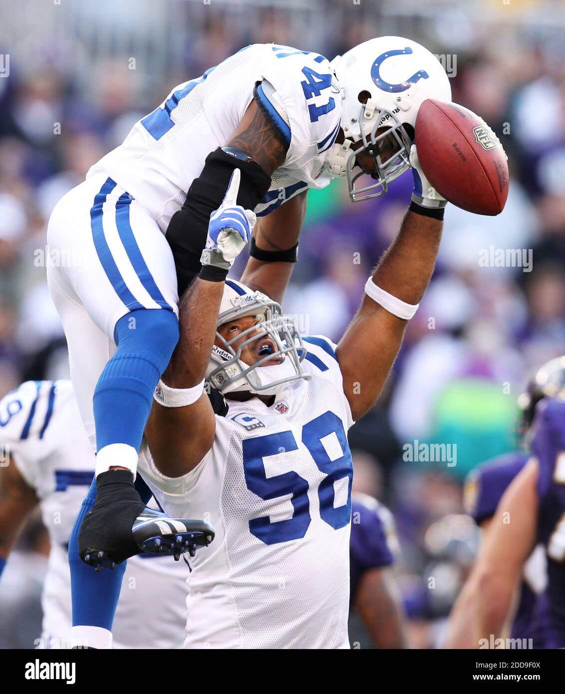 NO FILM, NO VIDEO, NO TV, NO DOCUMENTARY - Gary Brackett (58) and Antoine Bethea (41) of the Indianapolis Colts celebrate Brackett's interception against the Baltimore Ravens in the second half of their game in Baltimore, MD, USA on November 22, 2009. Photo by George Bridges/MCT/Cameleon/ABACAPRESS.COM Stock Photo