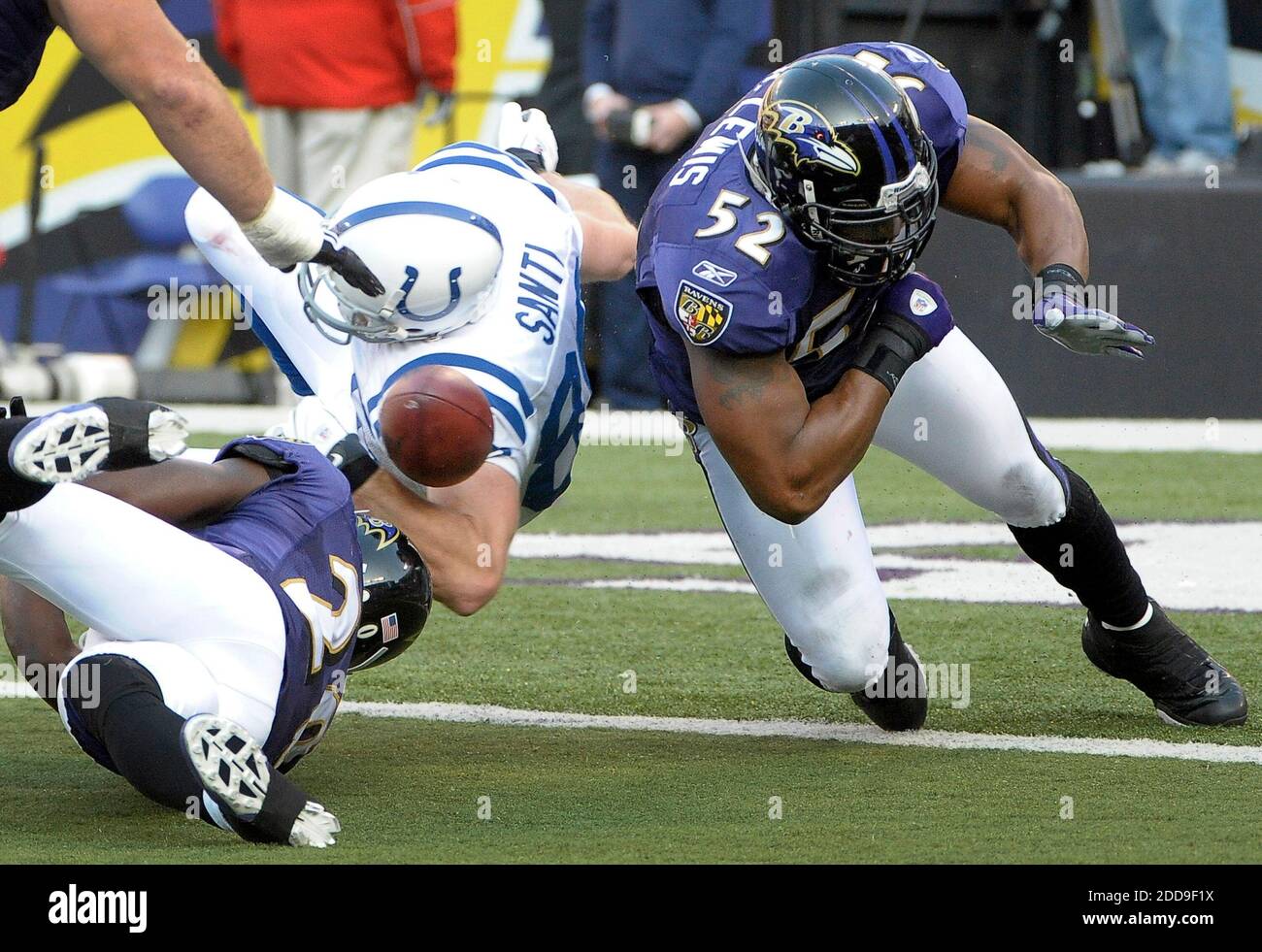 NO FILM, NO VIDEO, NO TV, NO DOCUMENTARY - Baltimore Ravens linebacker Ray Lewis (52) knocks the ball loose from Indianapolis Colts tight end Tom Santi forcing a turnover in the third quarter of play in Baltimore, MD, USA on November 22, 2009. The Colts defeated the Ravens 17-15. Photo by Karl Merton Ferron/Baltimore Sun/MCT/Cameleon/ABACAPRESS/COM Stock Photo