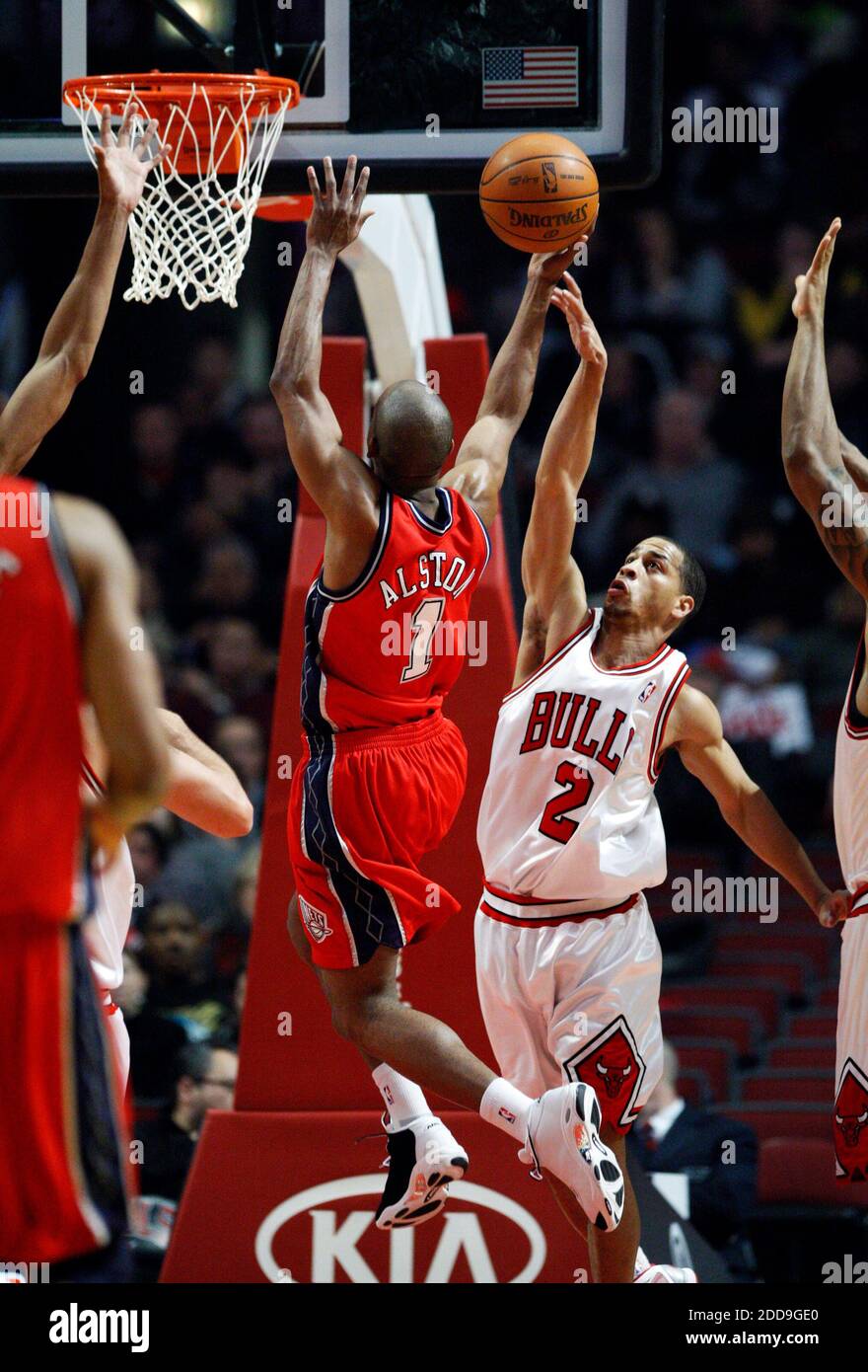 NO FILM, NO VIDEO, NO TV, NO DOCUMENTARY - New Jersey Nets guard Rafer Alston drives to the hoop as Chicago Bulls guard Jannero Pargo defends in the first half at the United Center in Chicago, IL, USA on December 8, 2009. Photo by Chris Sweda/Chicago Tribune/MCT/Cameleon/ABACAPRESS.COM Stock Photo