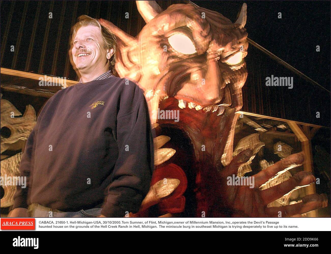 NO FILM, NO VIDEO, NO TV, NO DOCUMENTARY - ©ABACA. 21650-1. Hell-Michigan-USA, 30/10/2000. Tom Sumner, of Flint, Michigan, owner of Millennium Mansion, Inc., operates the Devil's Passage haunted house on the grounds of the Hell Creek Ranch in Hell, Michigan. The miniscule burg in southeast Michiga Stock Photo