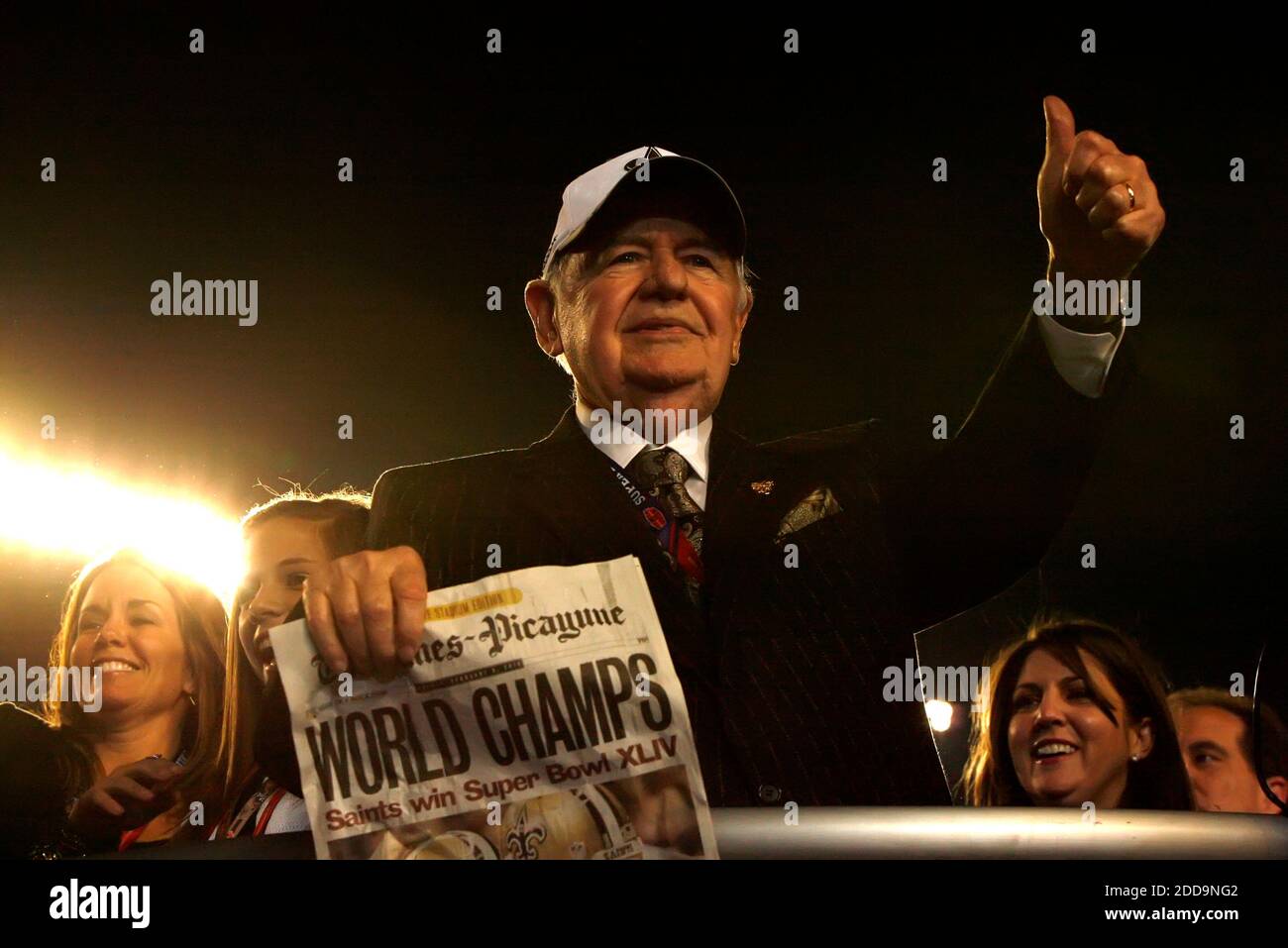 NO FILM, NO VIDEO, NO TV, NO DOCUMENTARY - Saints owner Tom Benson celebrates the win in Super Bowl XLIV at Sun Life Stadium in Miami Gardens, FL, USA on February 7, 2010. The New Orleans Saints beat the Indianapolis Colts 31-17 Photo by Gary Green/Orlando Sentinel/MCT/Cameleon/ABACAPRESS.COM Stock Photo