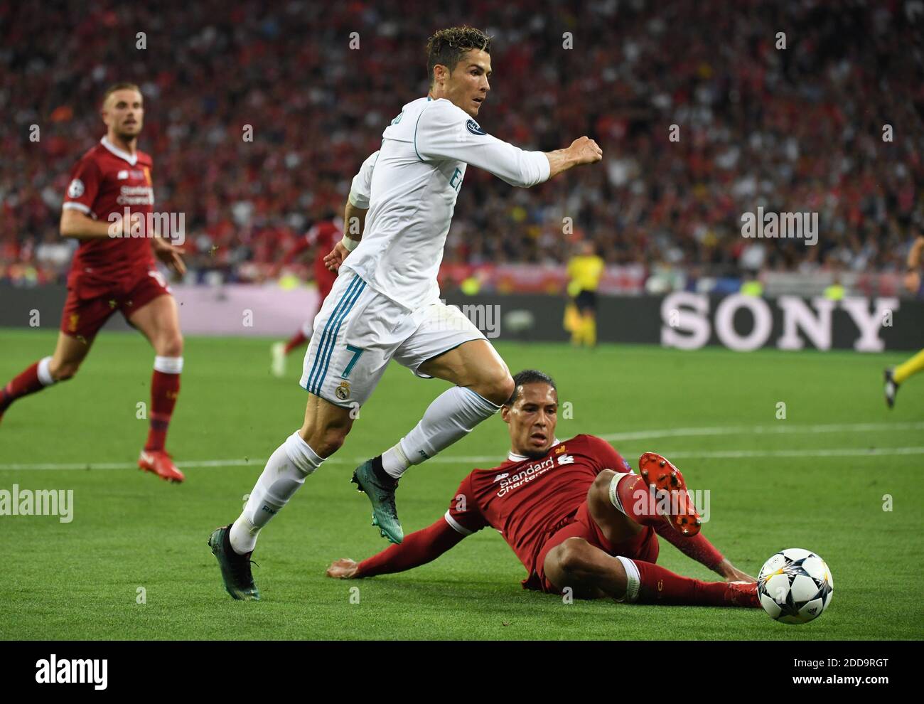 26 May 2018, Ukraine, Kiev: Champions League, Real Madrid vs FC Liverpool, finals at the Olimpiyskiy National Sports Complex. Madrid's Cristiano Ronaldo (L) and Liverpool's Virgil Van Dijk vie for the ball. Photo by Ina Fassbender/DPA/ABACAPRESS.COM Stock Photo