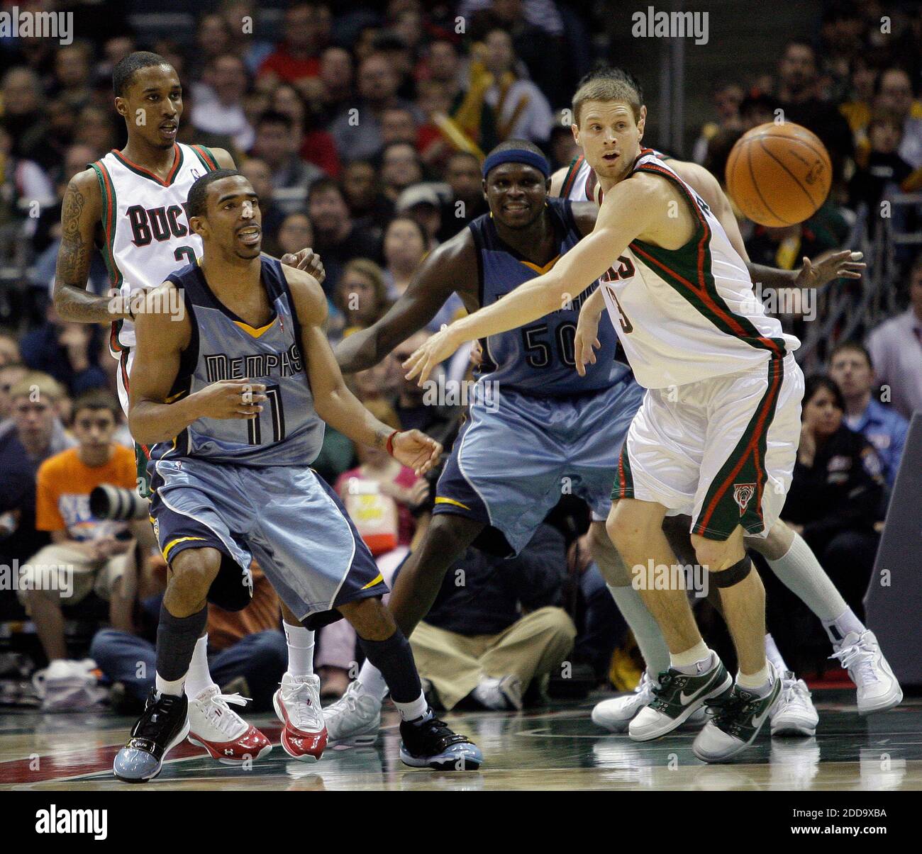 NO FILM, NO VIDEO, NO TV, NO DOCUMENTARY - Milwaukee Bucks' Brandon Jennings and Luke Ridnour guard Memphis Grizzlies' Mike Conley and Zach Randolph during an NBA game at the Bradley Center in Milwaukee, WI, USA on March 28, 2010. Photo by Benny Sieu/Milwaukee Journal Sentinel/MCT/Cameleon/ABACAPRESS.COM Stock Photo