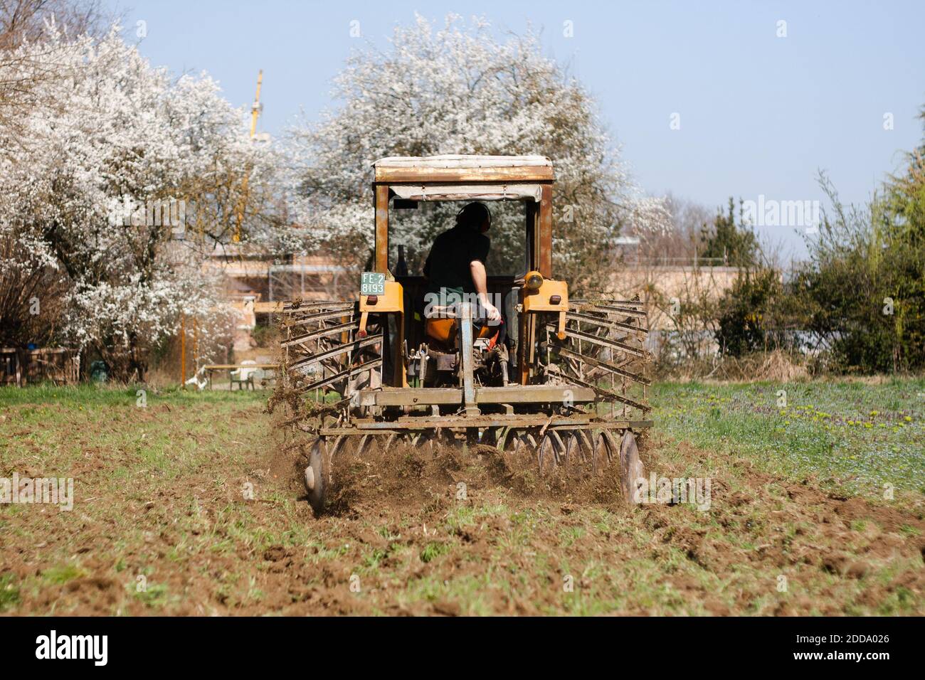 A farmer plowing a field with an old tractor Stock Photo