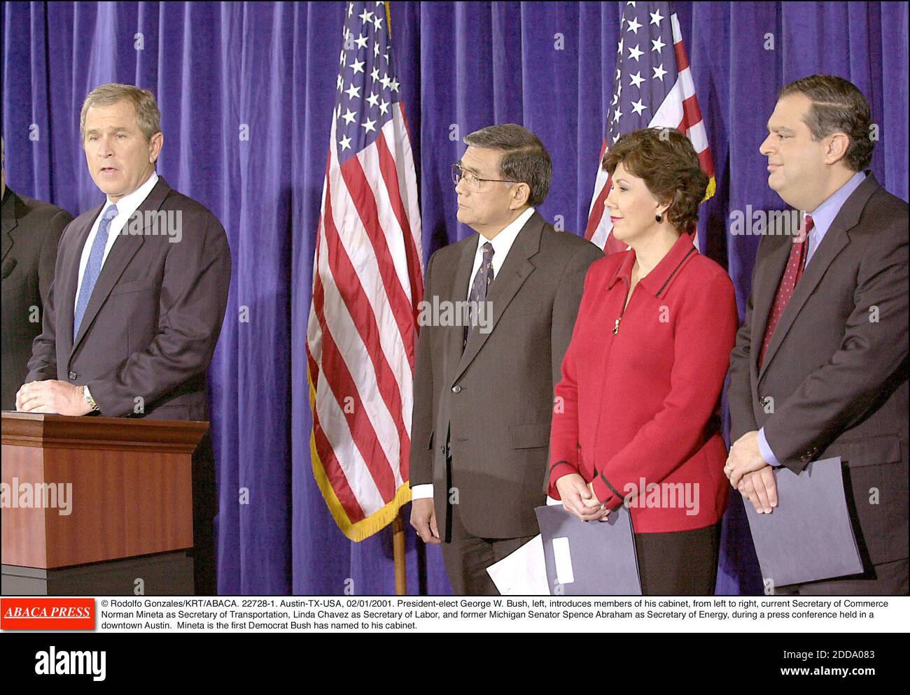 NO FILM, NO VIDEO, NO TV, NO DOCUMENTARY - © Rodolfo Gonzales/KRT/ABACA. 22728-1. Austin-TX-USA, 02/01/2001. President-elect George W. Bush, left, introduces members of his cabinet, from left to right, current Secretary of Commerce Norman Mineta as Secretary of Transportation, Linda Chavez as Secr Stock Photo