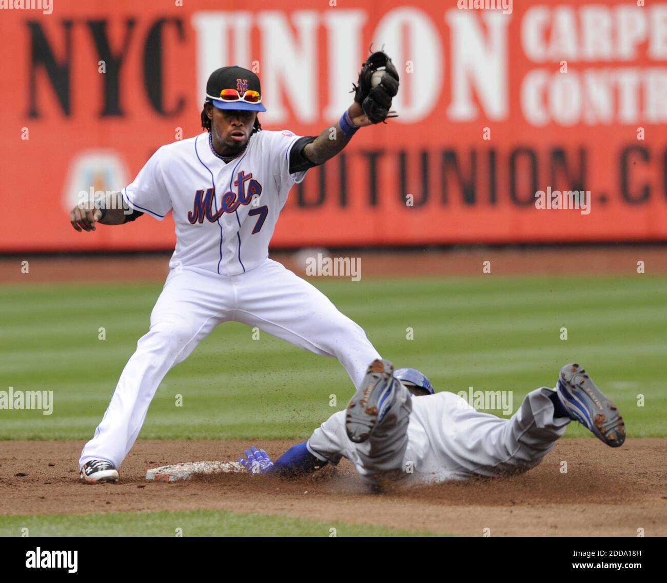 NO FILM, NO VIDEO, NO TV, NO DOCUMENTARY - Matt Kemp safely steals second base in the third inning as Jose Reyes of the New Yokr Mets couldn't make the tag in time at Citi Field in Flushing, NY, USA on April 28, 2010. The Mets defeated the Dodgers, 7-3. Photo by David Pokress/Newsday/MCT/Cameleon/ABACAPRESS.COM Stock Photo