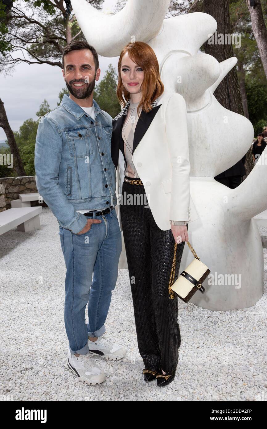 Emma Stone poses with Nicolas Ghesquiere after the Louis Vuitton Cruise  Collection fashion show, held at the Fondation Maeght in Saint-Paul-de-Vence,  south of France, on May 28, 2018. Photo by Marco Piovanotto/ABACAPRESS.COM