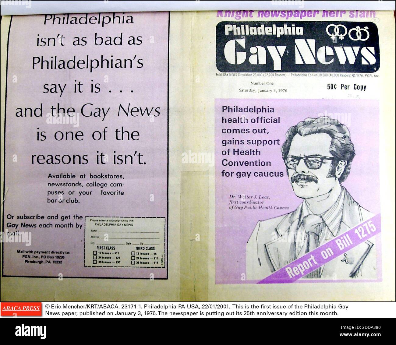 NO FILM, NO VIDEO, NO TV, NO DOCUMENTARY - © Eric Mencher/KRT/ABACA.  23171-1. Philadelphia-PA-USA, 22/01/2001. This is the first issue of the  Philadelphia Gay News paper, published on January 3, 1976. The