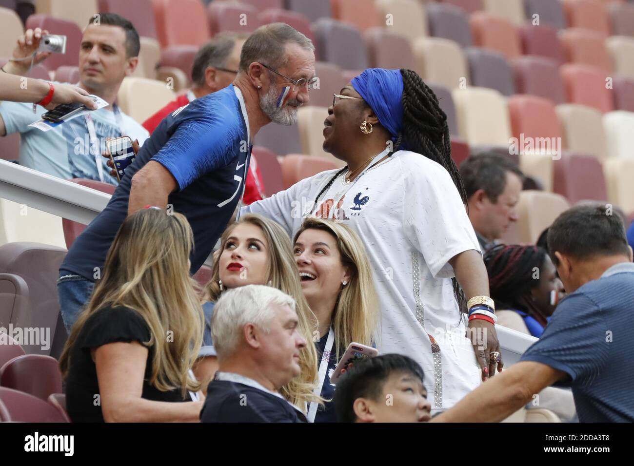 Father of Antoine Griezmann, Alain Griezmann kissing Yeo Pogba the mother  of Paul Pogba during the 2018 FIFA World Cup Russia game, France vs Denmark  in Luznhiki Stadium, Moscow, Russia on June