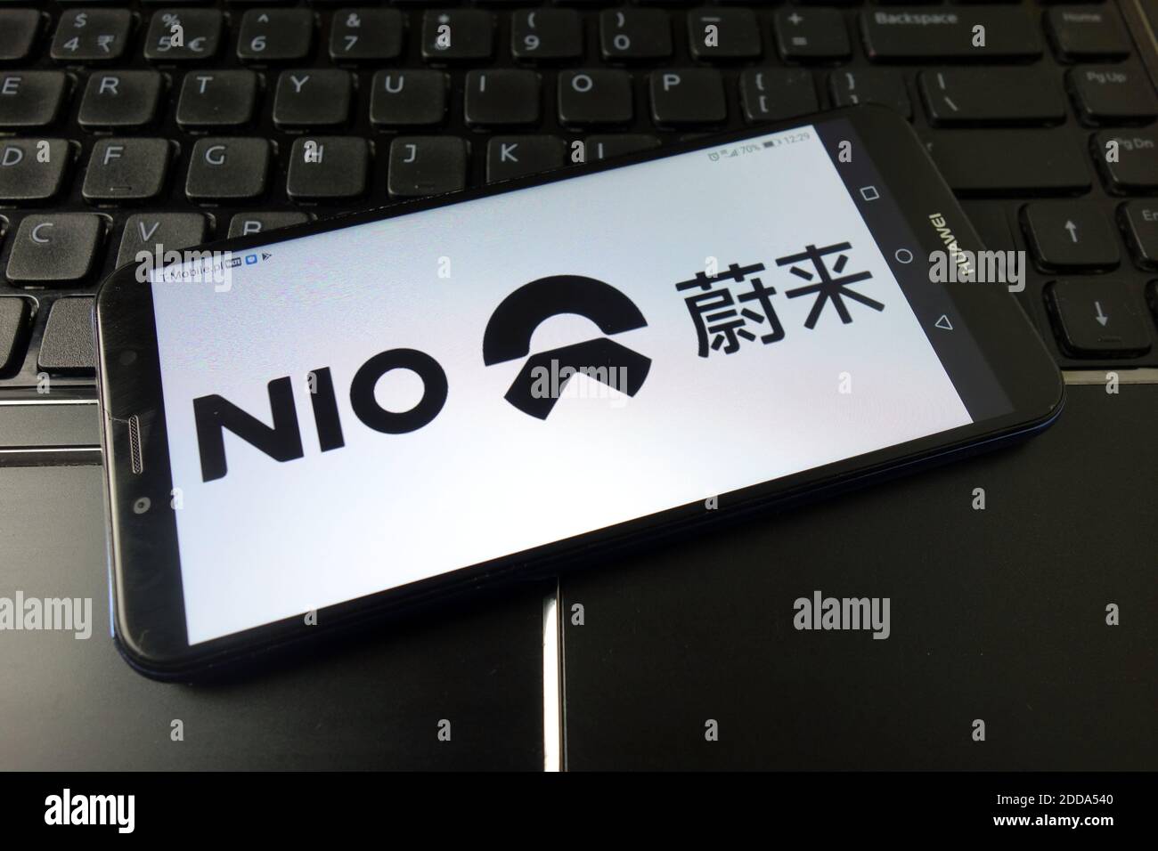 KONSKIE, POLAND - December 21, 2019: Nio Chinese automobile manufacturer logo displayed on mobile phone Stock Photo