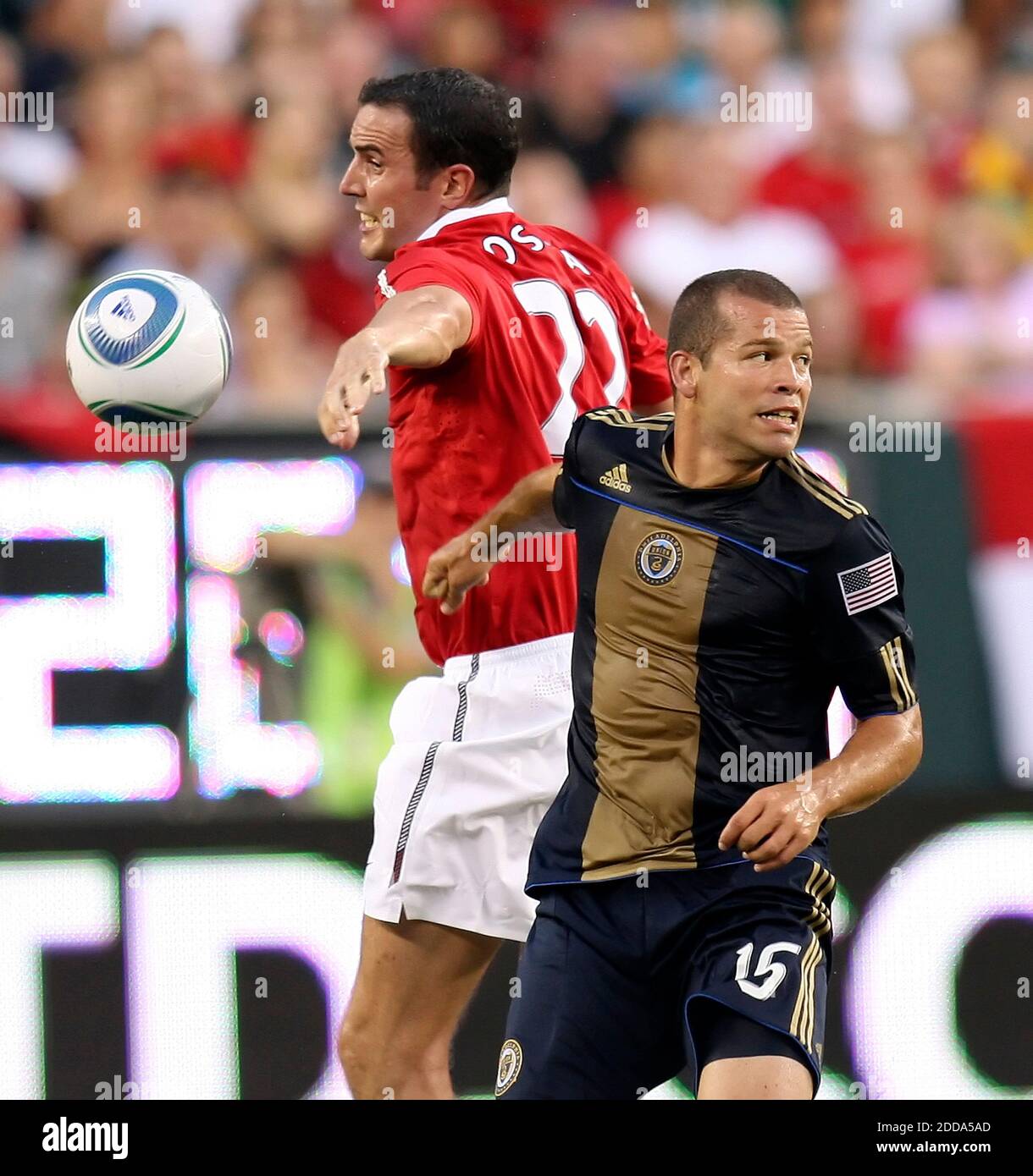 NO FILM, NO VIDEO, NO TV, NO DOCUMENTARY - Philadelphia Union's Alejandro Moreno (R) and Manchester United's John O'Shea fight for the ball during the Pre-season Friendly soccer match, Philadelphia Union vs Manchester United at Lincoln Financial Field in Philadelphia, Pennsylvania, USA on July 21, 2010. Manchester United won 1-0. Photo by Steven M. Falk/MCT/Cameleon/ABACAPRESS.COM Stock Photo