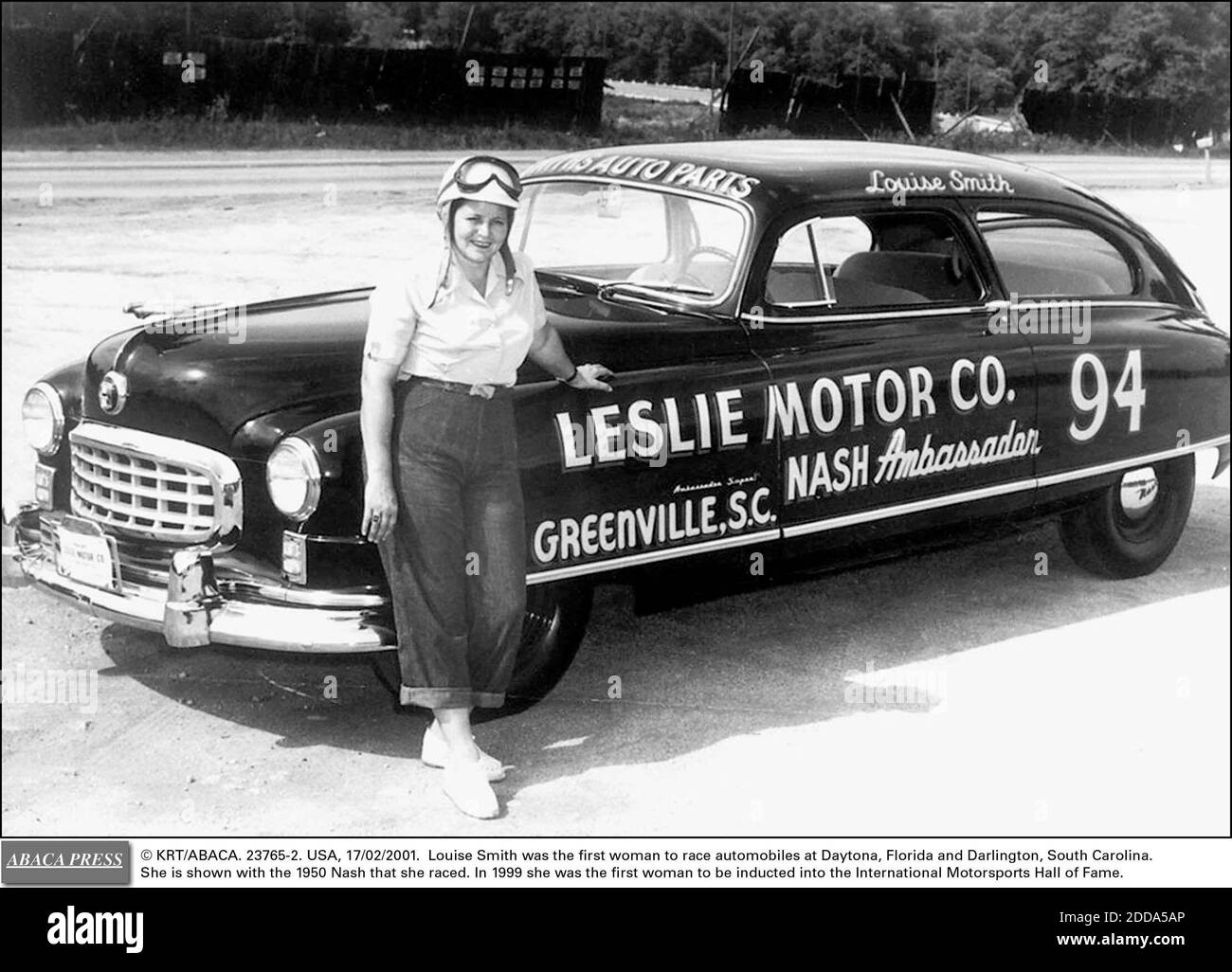 NO FILM, NO VIDEO, NO TV, NO DOCUMENTARY - © KRT/ABACA. 23765-2. USA, 17/02/2001. Louise Smith was the first woman to race automobiles at Daytona, Florida and Darlington, South Carolina. She is shown with the 1950 Nash that she raced. In 1999 she was the first woman to be inducted into the Interna Stock Photo