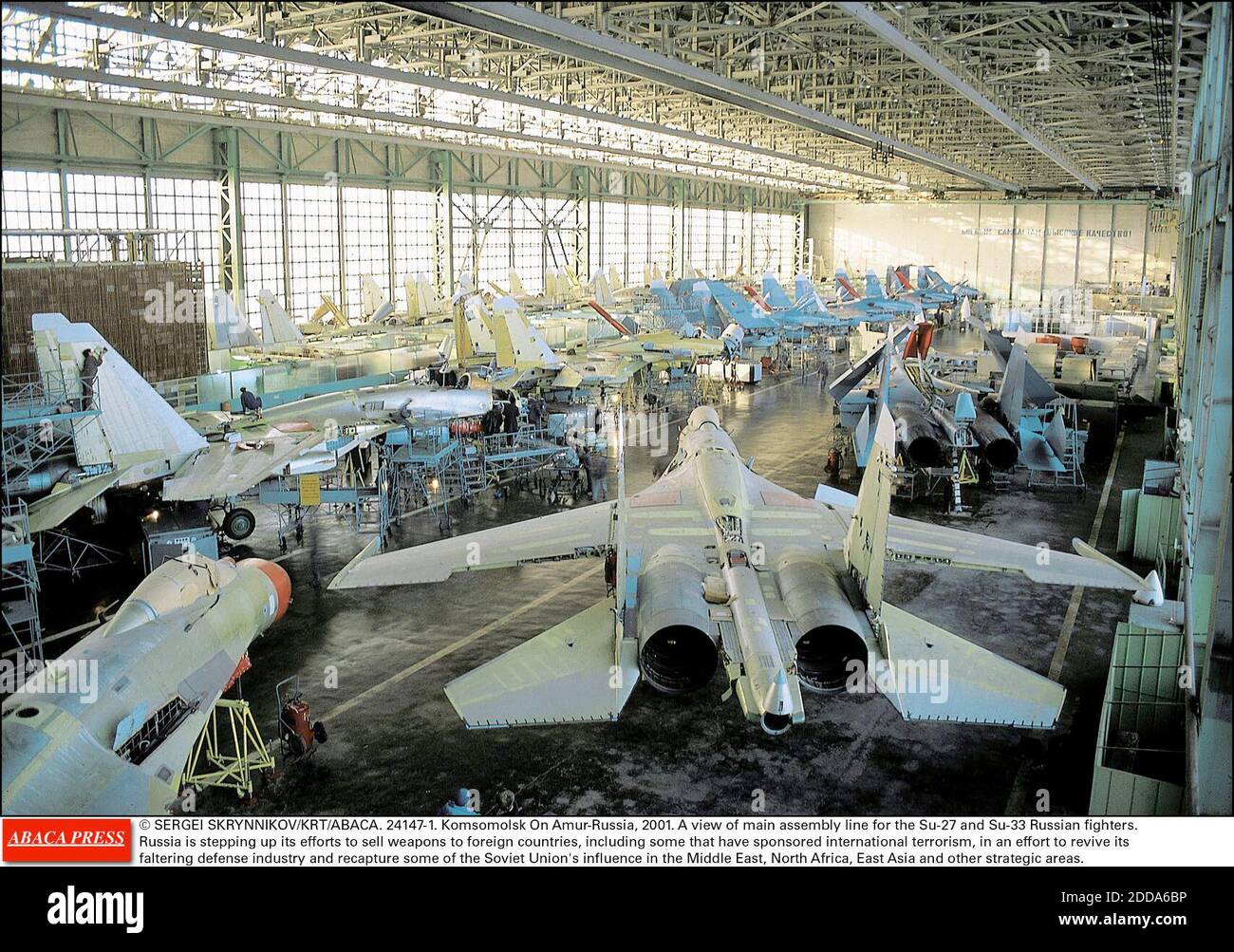 NO FILM, NO VIDEO, NO TV, NO DOCUMENTARY - © SERGEI SKRYNNIKOV/KRT/ABACA. 24147-1. Komsomolsk On Amur-Russia, 2001. A view of main assembly line for the Su-27 and Su-33 Russian fighters. Russia is stepping up its efforts to sell weapons to foreign countries, including some that have sponsored inte Stock Photo