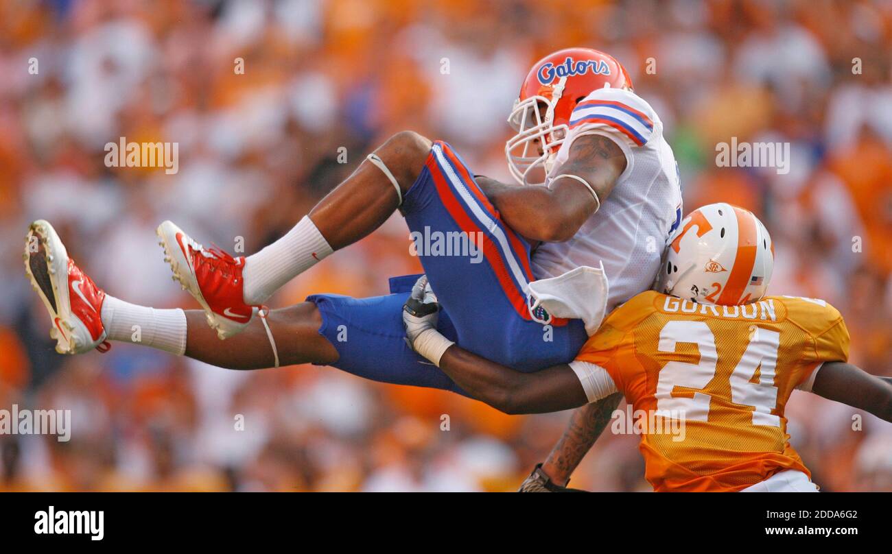 NO FILM, NO VIDEO, NO TV, NO DOCUMENTARY - Florida wide receiver Carl Moore (9) goes airborne to complete the first down during NCAA Football match, Tennessee Volunteers vs Florida Gators at Neyland Stadium in Knoxville, USA on September 18, 2010. The Gators won 31-17. Photo by Gary W. Green/MCT/Cameleon/ABACAPRESS.COM Stock Photo