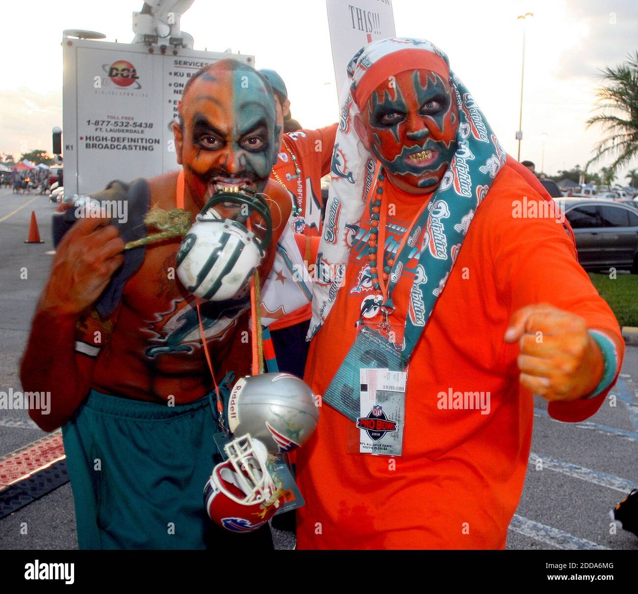 NO FILM, NO VIDEO, NO TV, NO DOCUMENTARY - Dolphins fans Manny Lopez, left, and Shane Meyers show their spirit in the home opener of Miami's game against the New York Jets at Sun Life Stadium in Miami Gardens, FL, USA on September 26, 2010. Photo by C.M. Guerrero/El Nuevo Herald/MCT/Cameleon/ABACAPRESS.COM Stock Photo