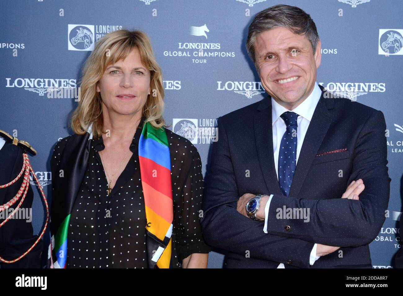 Virginie Couperie-Eiffel et Juan-Carlos Capelli, Vice President de Longines  assistent a la conference de presse de lancement du Longines Paris Eiffel  Jumping (etape du Longines Global Champions Tour 2018) au Cafe de