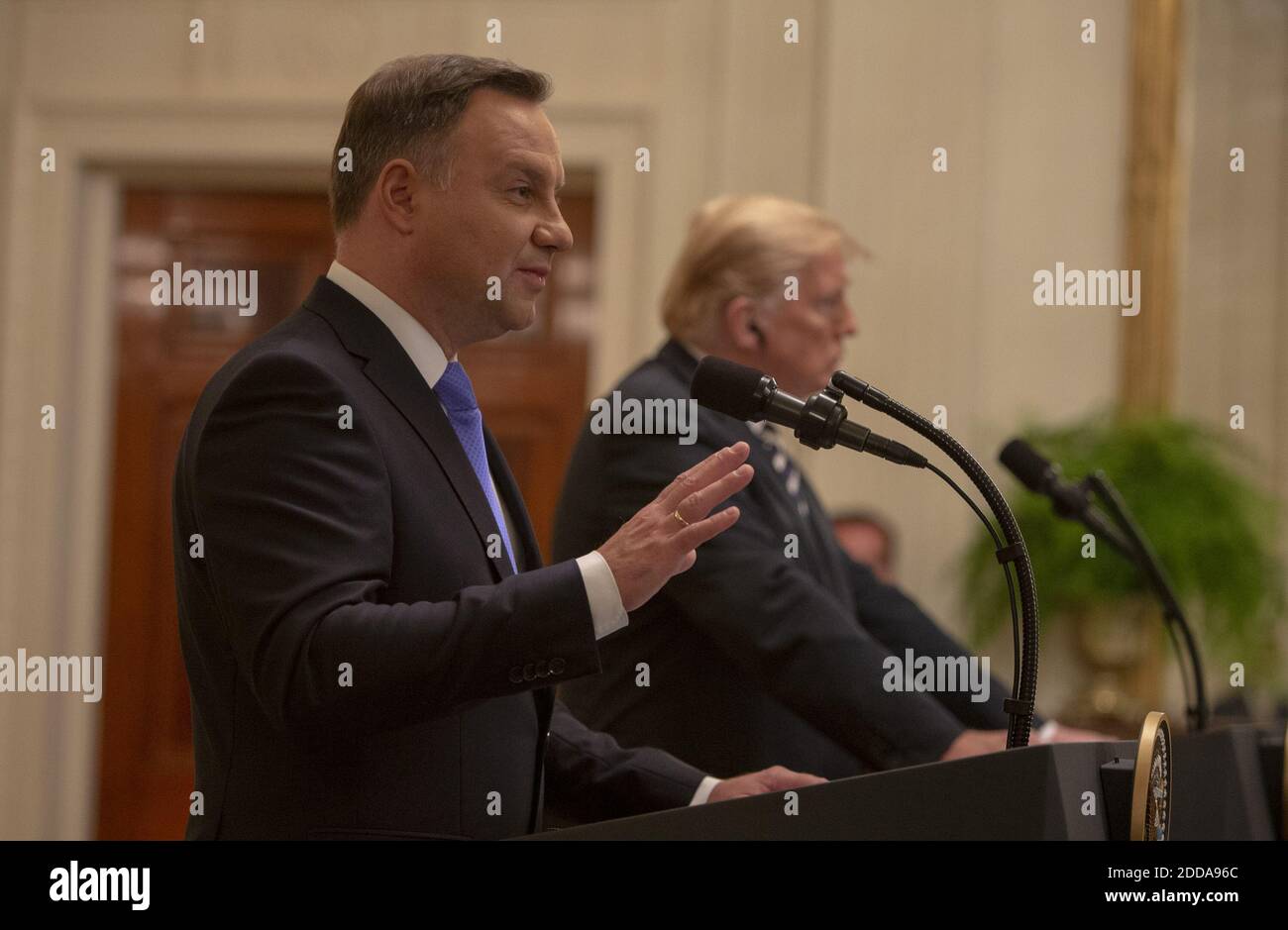 President of Poland Andrzej Duda speaks as U.S. President Donald Trump ...