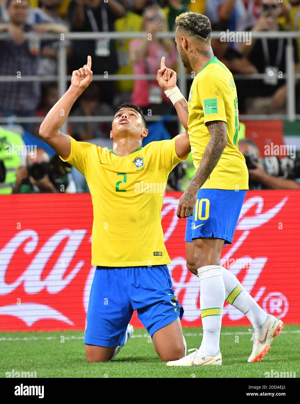 Brazil's Thiago Silva and Neymar celebrating after the first one scored the  2-0 goal during the 2018 FIFA World Cup Russia game, Brazil vs Serbia in  Spartak Stadium, Moscow, Russia on June