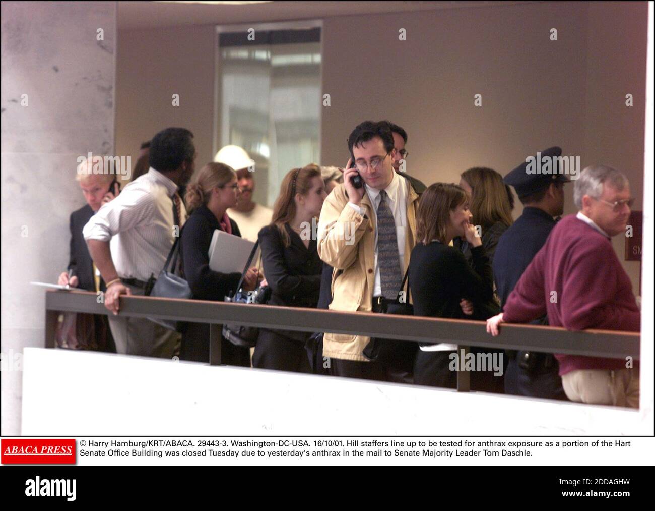 NO FILM, NO VIDEO, NO TV, NO DOCUMENTARY - © Harry Hamburg/KRT/ABACA. 29443-3. Washington-DC-USA. 16/10/01. Hill staffers line up to be tested for anthrax exposure as a portion of the Hart Senate Office Building was closed Tuesday due to yesterday's anthrax in the mail to Senate Majority Leader To Stock Photo