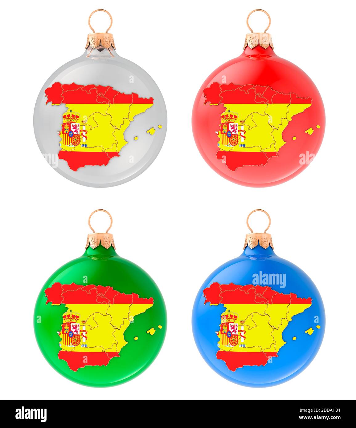 Christmas balls with Spanish map, 3D rendering isolated on white background Stock Photo