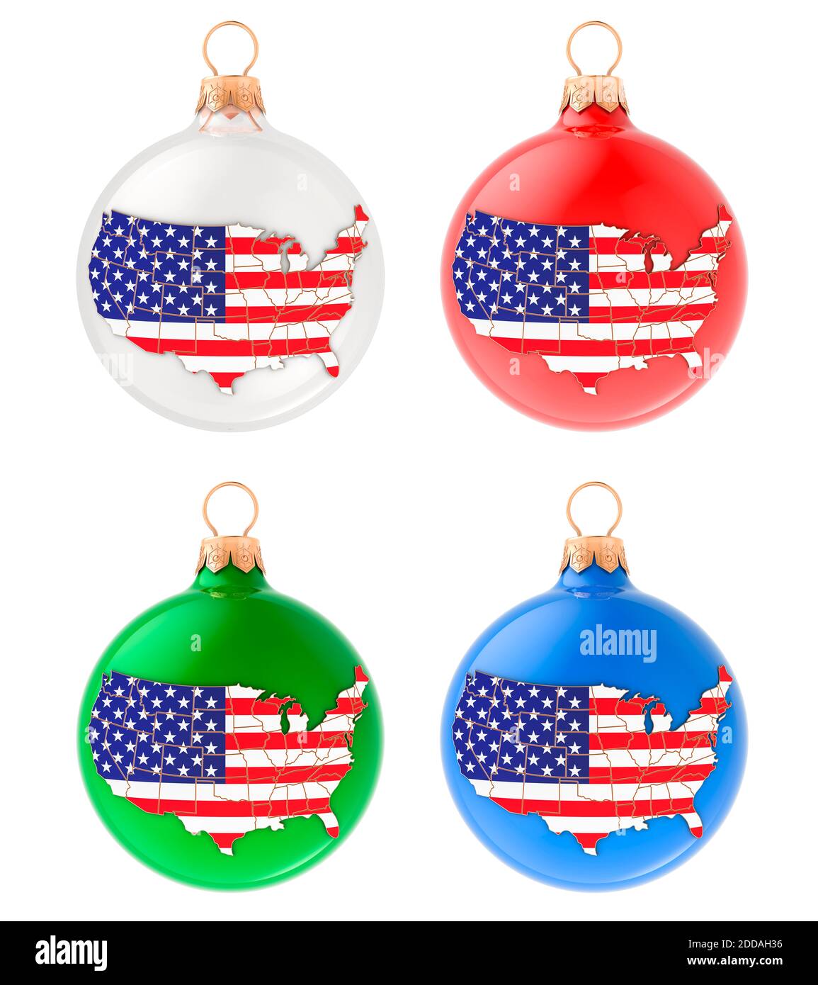 Christmas balls with the United States map, 3D rendering isolated on white background Stock Photo