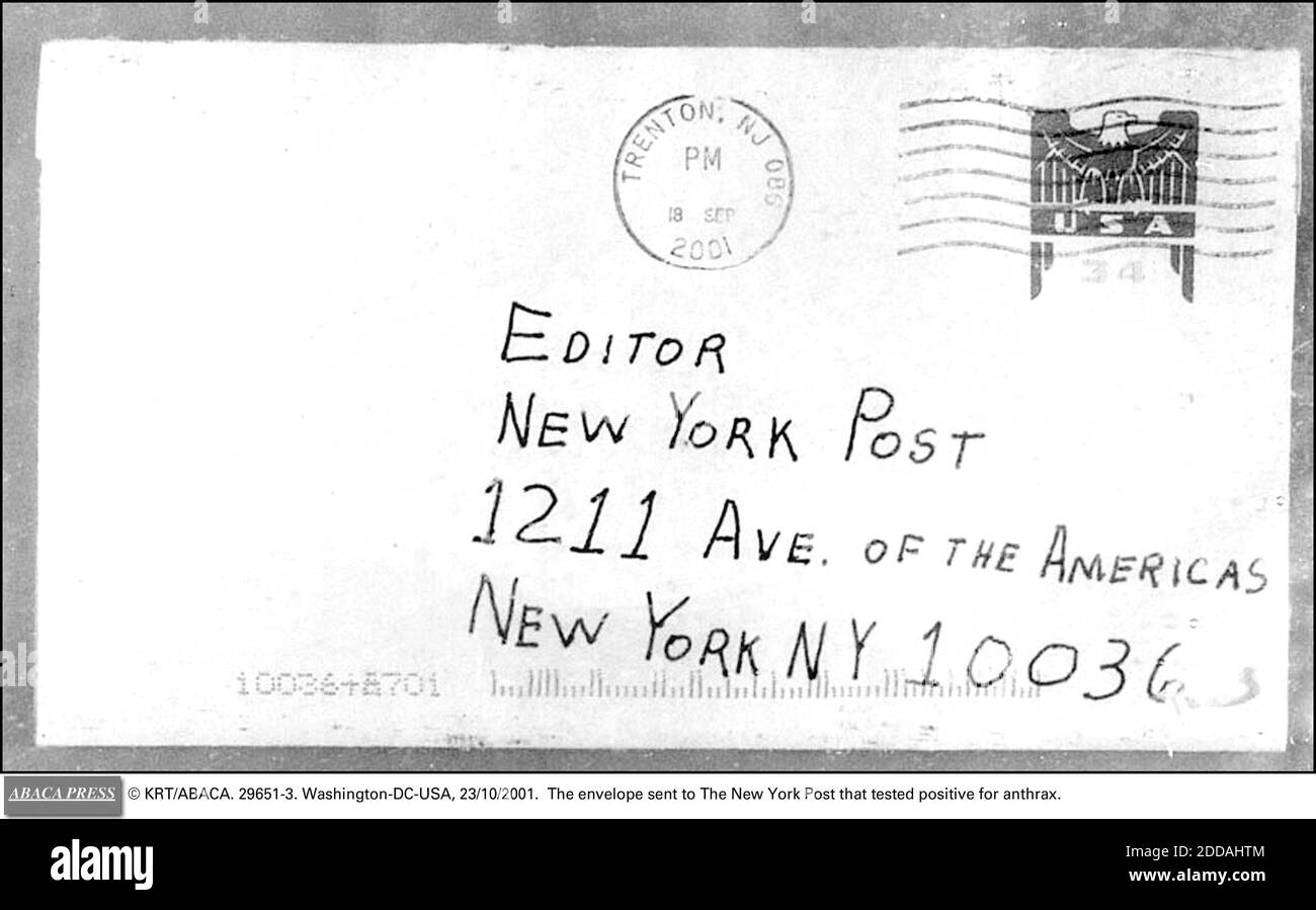NO FILM, NO VIDEO, NO TV, NO DOCUMENTARY - © KRT/ABACA. 29651-3. Washington-DC-USA, 23/10/2001. The envelope sent to The New York Post that tested positive for anthrax. Stock Photo