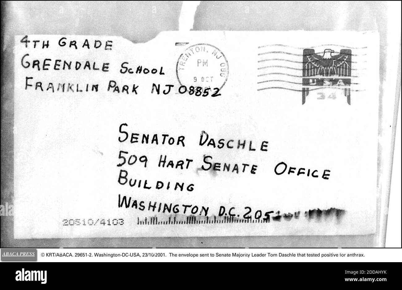 NO FILM, NO VIDEO, NO TV, NO DOCUMENTARY - © KRT/ABACA. 29651-2. Washington-DC-USA, 23/10/2001. The envelope sent to Senate Majority Leader Tom Daschle that tested positive for anthrax. Stock Photo