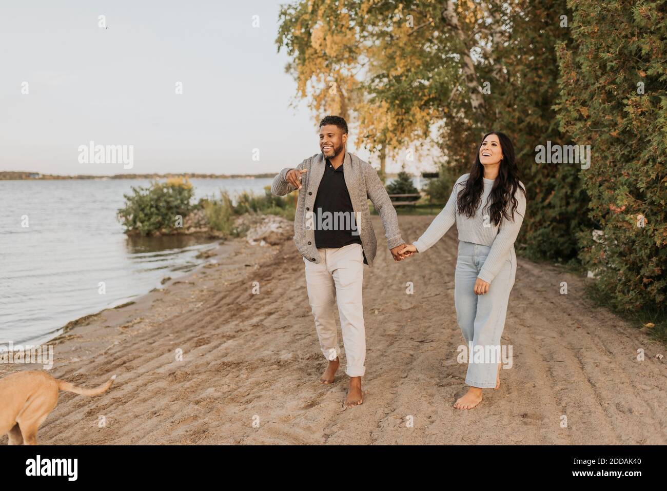 Smiling boyfriend and girlfriend holding hands while walking with dog by lake Stock Photo