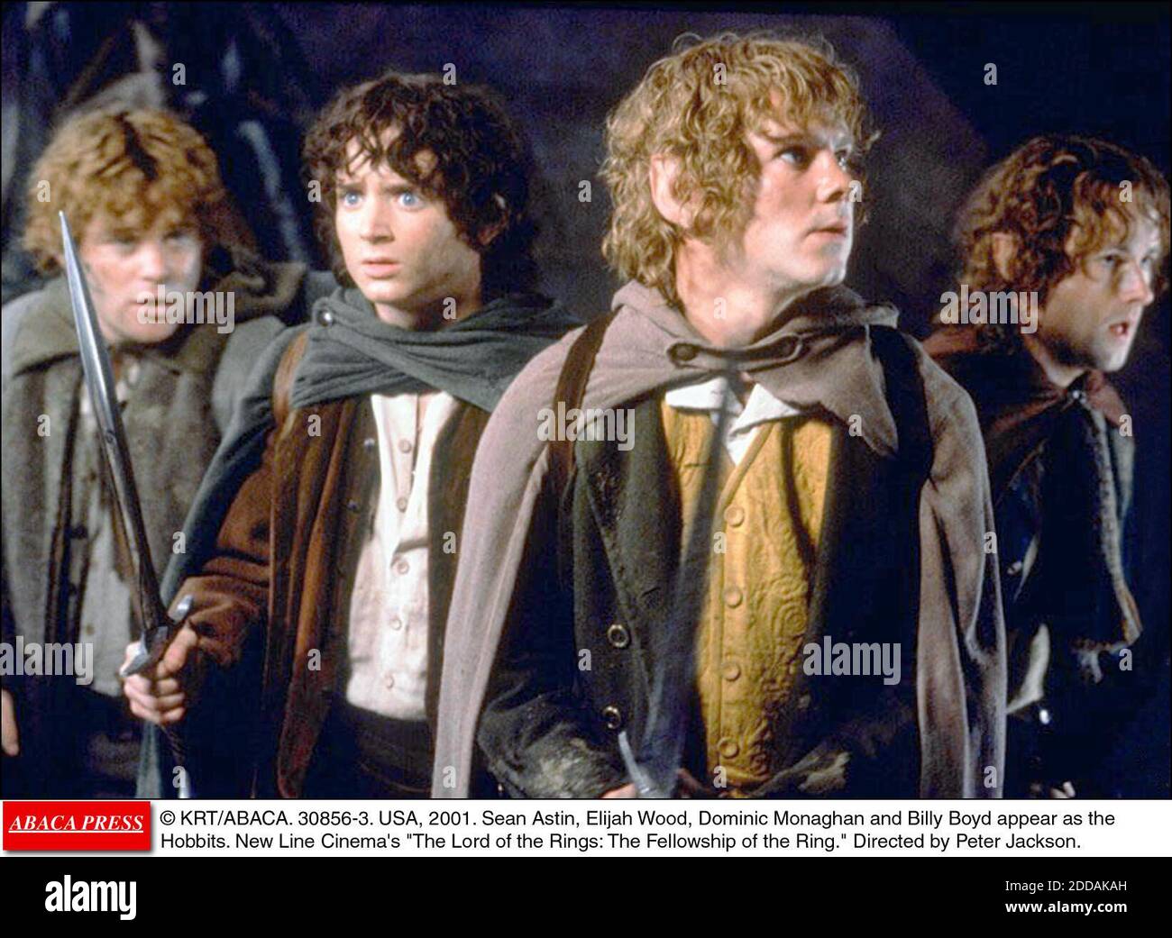 NO FILM, NO VIDEO, NO TV, NO DOCUMENTARY - © KRT/ABACA. 30856-3. USA, 2001. Sean Astin, Elijah Wood, Dominic Monaghan and Billy Boyd appear as the Hobbits. New Line Cinema's The Lord of the Rings: The Fellowship of the Ring. Directed by Peter Jackson. Stock Photo