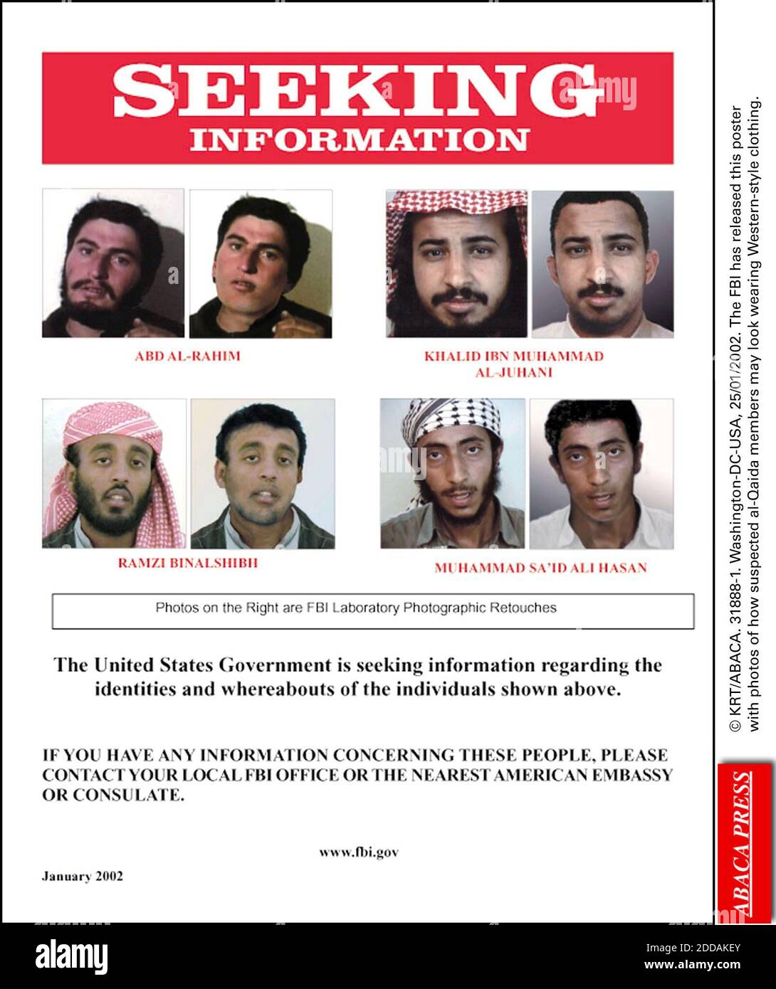 NO FILM, NO VIDEO, NO TV, NO DOCUMENTARY - © KRT/ABACA. 31888-1. Washington-DC-USA, 25/01/2002. The FBI has released this poster with photos of how suspected al-Qaida members may look wearing Western-style clothing. Stock Photo
