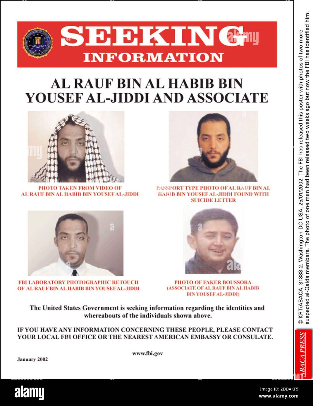 NO FILM, NO VIDEO, NO TV, NO DOCUMENTARY - © KRT/ABACA. 31888-2. Washington-DC-USA, 25/01/2002. The FBI has released this poster with photos of two more suspected al-Qaida members. The photo of one man had been released two weeks ago but now the FBI has identified him. Stock Photo