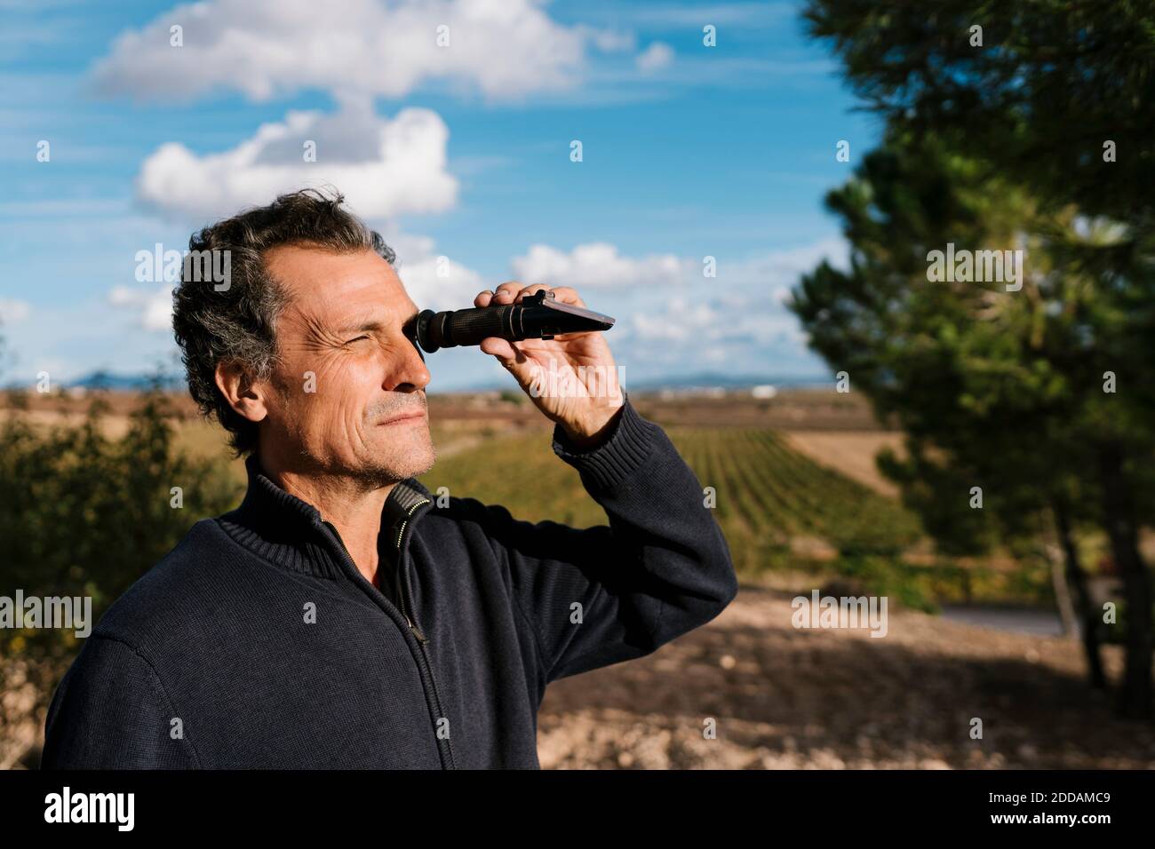 Winemaker looking through refractometer at vineyard Stock Photo