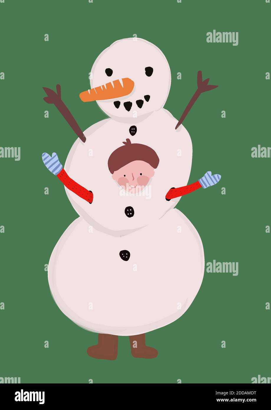Clip art of little boy wearing snowman costume Stock Photo