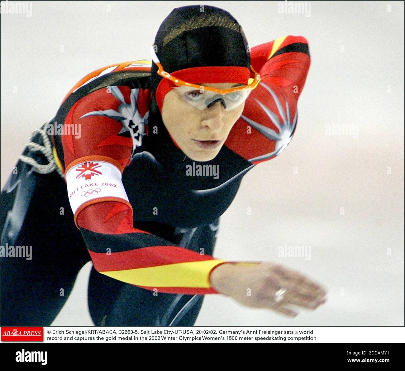 NO FILM, NO VIDEO, NO TV, NO DOCUMENTARY - © Erich Schlegel/KRT/ABACA. 32663-5. Salt Lake City-UT-USA, 20/02/02. Germany's Anni Freisinger sets a world record ans captures the gold medal in the 2002 Winter Olympics Women's 1500 meter speedskating competition Stock Photo