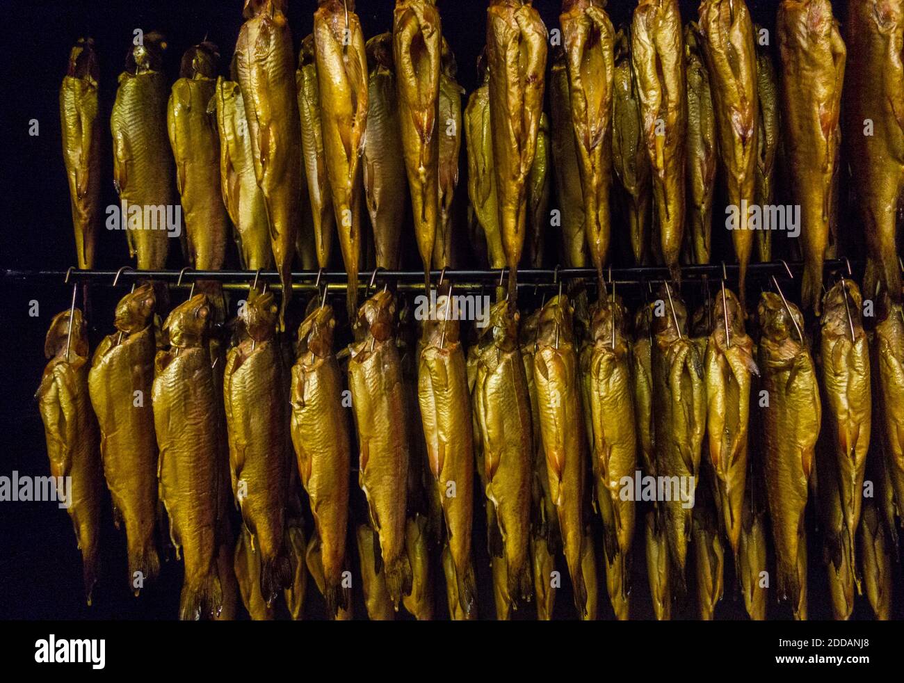 View of golden fishes hanging on rack in smokehouse Stock Photo - Alamy