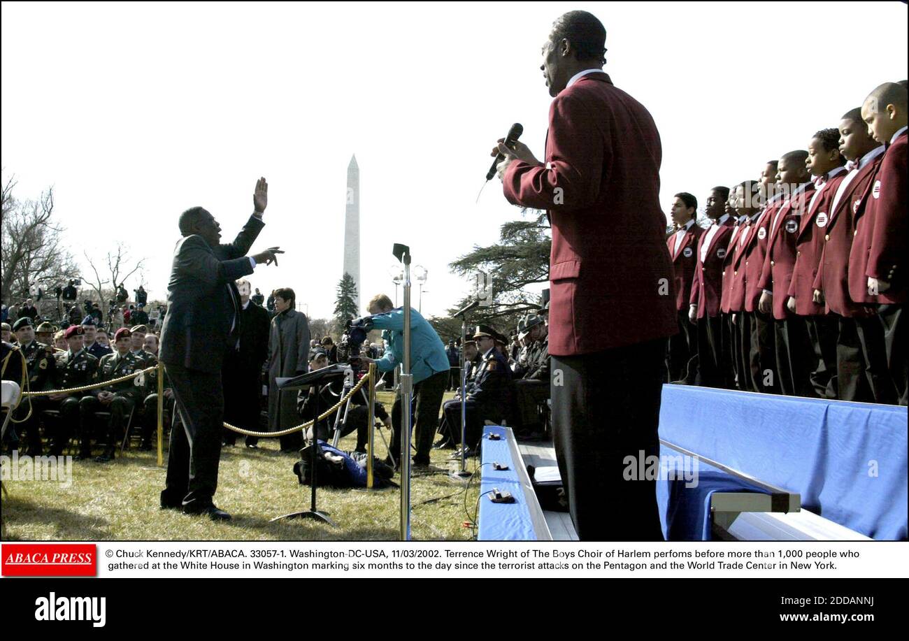NO FILM, NO VIDEO, NO TV, NO DOCUMENTARY - © Chuck Kennedy/KRT/ABACA. 33057-1. Washington-DC-USA, 11/03/2002. Terrence Wright of The Boys Choir of Harlem perfoms before more than 1,000 people who gathered at the White House in Washington marking six months to the day since the terrorist attacks on Stock Photo