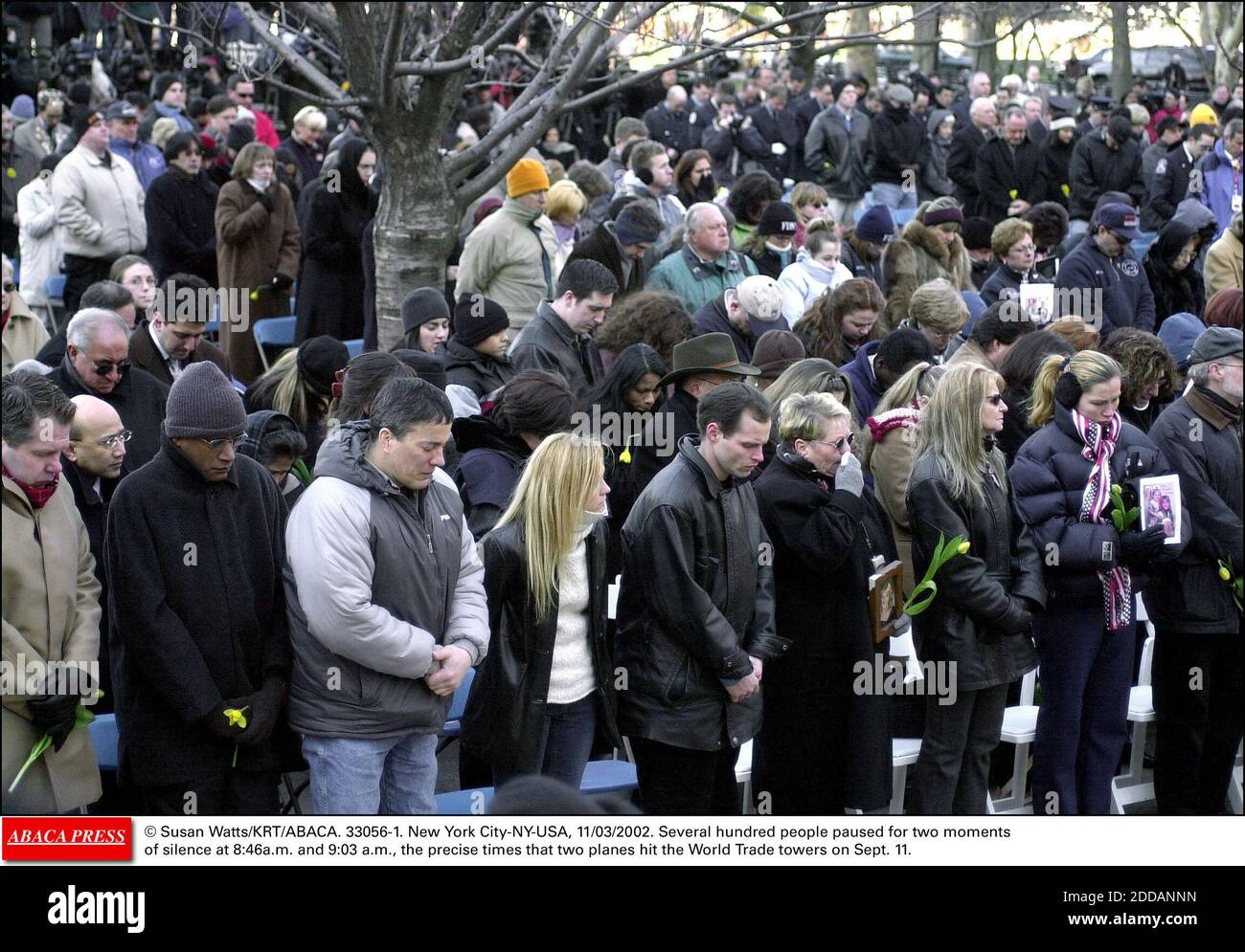 NO FILM, NO VIDEO, NO TV, NO DOCUMENTARY - © Susan Watts/KRT/ABACA. 33056-1. New York City-NY-USA, 11/03/2002. Several hundred people paused for two moments of silence at 8:46a.m. and 9:03 a.m., the precise times that two planes hit the World Trade towers on Sept. 11. Stock Photo
