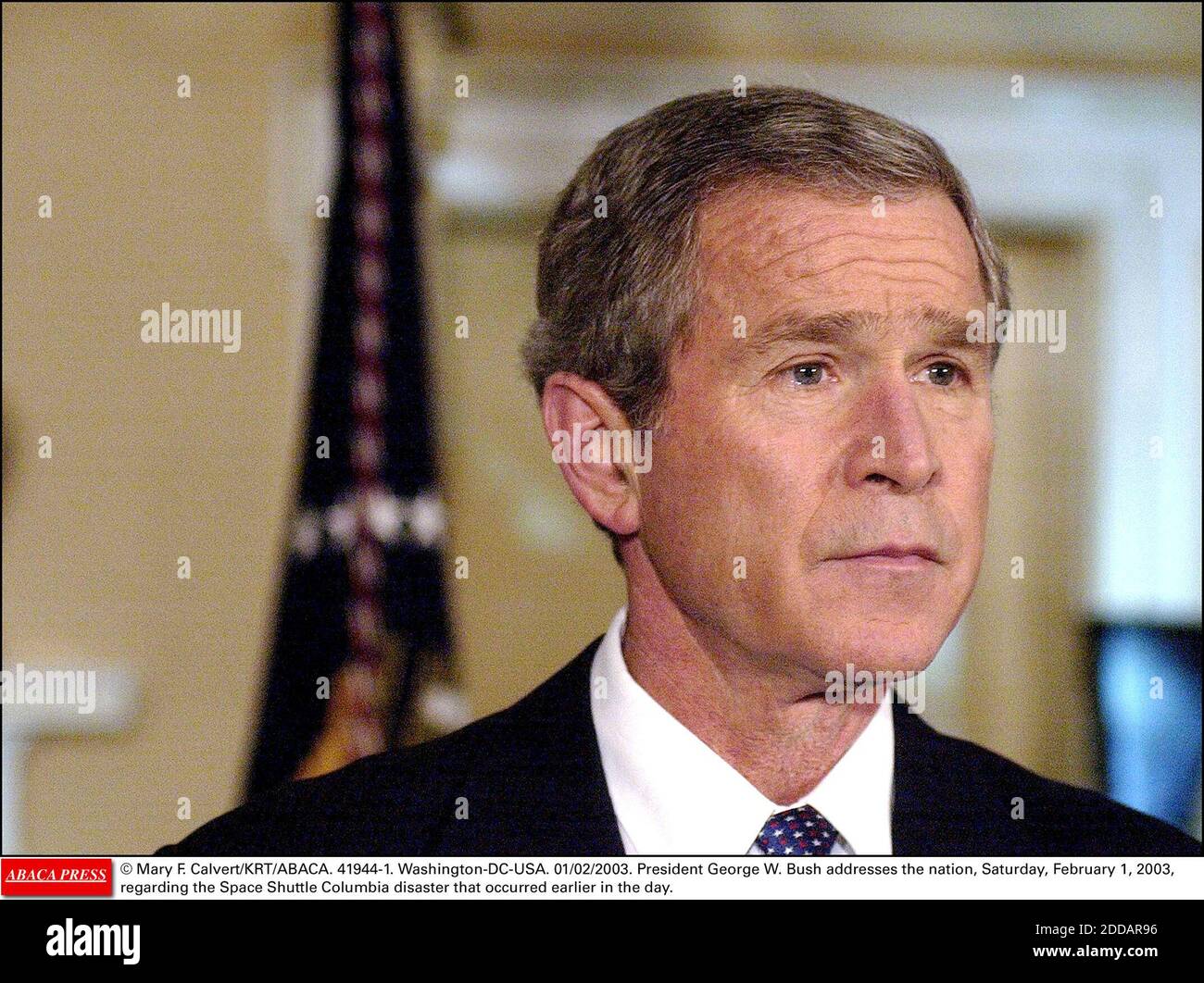 NO FILM, NO VIDEO, NO TV, NO DOCUMENTARY - © Mary F. Calvert/KRT/ABACA. 41944-1. Washington-DC-USA. 01/02/2003. President George W. Bush addresses the nation, Saturday, February 1, 2003, regarding the Space Shuttle Columbia disaster that occurred earlier in the day. Stock Photo