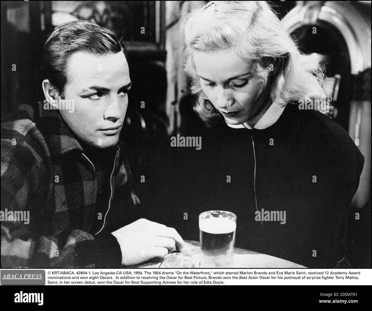 NO FILM, NO VIDEO, NO TV, NO DOCUMENTARY - © KRT/ABACA. 42804-1. Los Angeles-CA-USA, 1954. The 1954 drama On the Waterfront, which starred Marlon Brando and Eva Marie Saint, received 12 Academy Award nominations and won eight Oscars. In addition to receiving the Oscar for Best Picture, Brando won Stock Photo