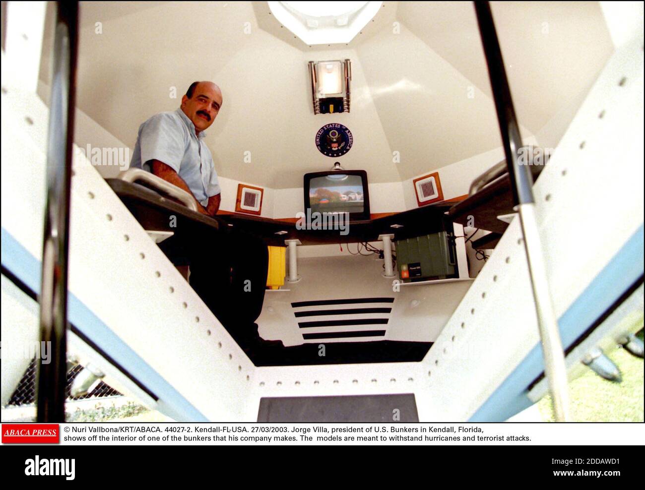 NO FILM, NO VIDEO, NO TV, NO DOCUMENTARY - © Nuri Vallbona/KRT/ABACA. 44027-2. Kendall-FL-USA. 27/03/2003. Jorge Villa, president of U.S. Bunkers in Kendall, Florida, shows off the interior of one of the bunkers that his company makes. The models are meant to withstand hurricanes and terrorist att Stock Photo
