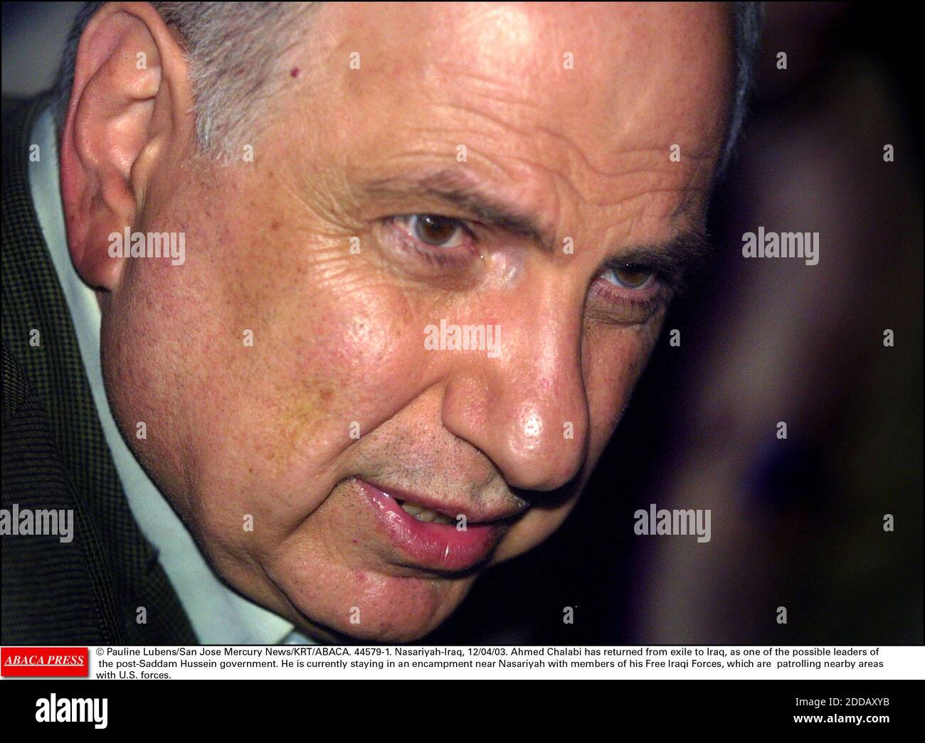 NO FILM, NO VIDEO, NO TV, NO DOCUMENTARY - © Pauline Lubens/San Jose Mercury News/KRT/ABACA. 44579-1. Nasariyah-Iraq, 12/04/03. Ahmed Chalabi has returned from exile to Iraq, as one of the possible leaders of the post-Saddam Hussein government. He is currently staying in an encampment near Nasariy Stock Photo